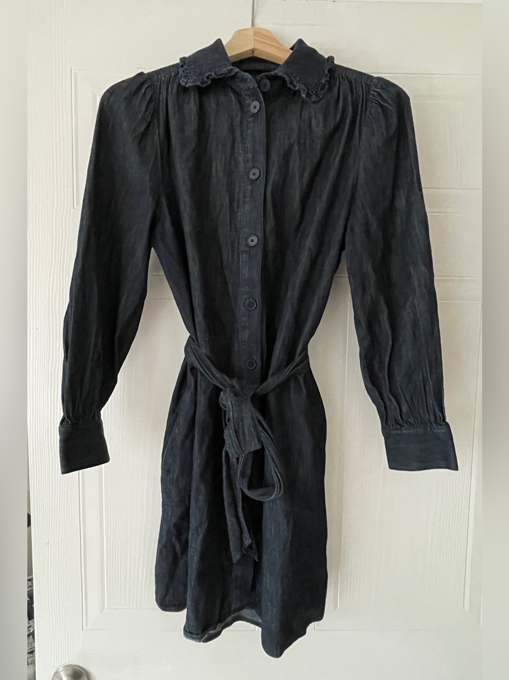 Kate Spade Dark Blue Wash Ruffle Denim Mini Shirtdress with Tie Waist - Picture 6 of 13